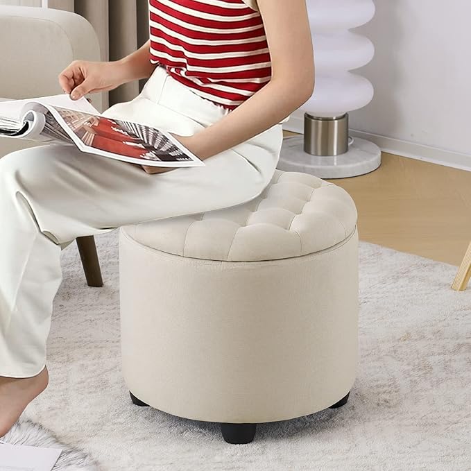 Furniliving Modern Round Storage Ottoman, Button Tufted Ottoman Foot Stools - Image 7
