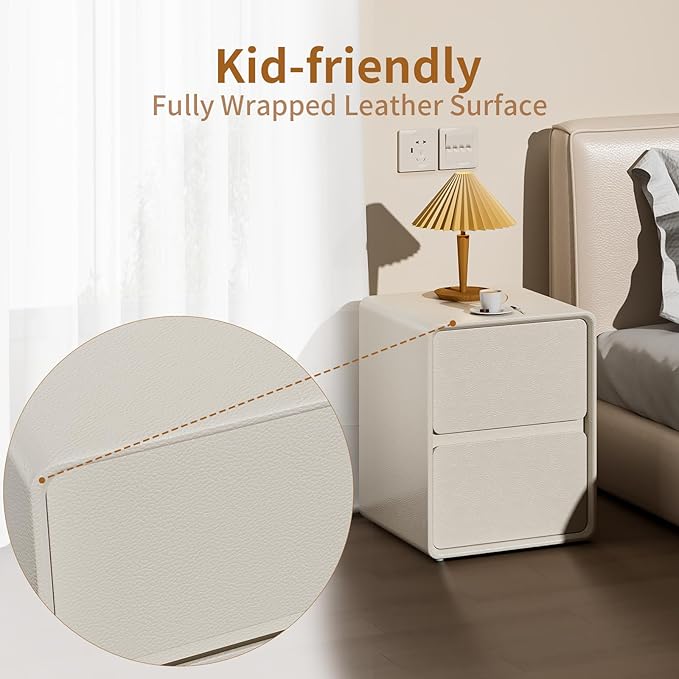 VICITON Modern Narrow Faux Leather Nightstand, Solid Wood Drawer, Storage - Image 4