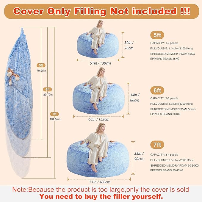 Large Bean Bag Covers Only, Fluffy Stuffed Beanbag Chair Covers No Filler - Image 2