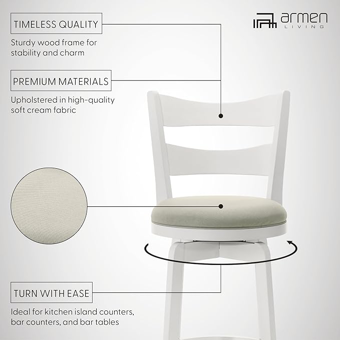 Armen Living Blair 30 in. Matte White Bar Height Rubberwood Swivel Barstool - Image 10