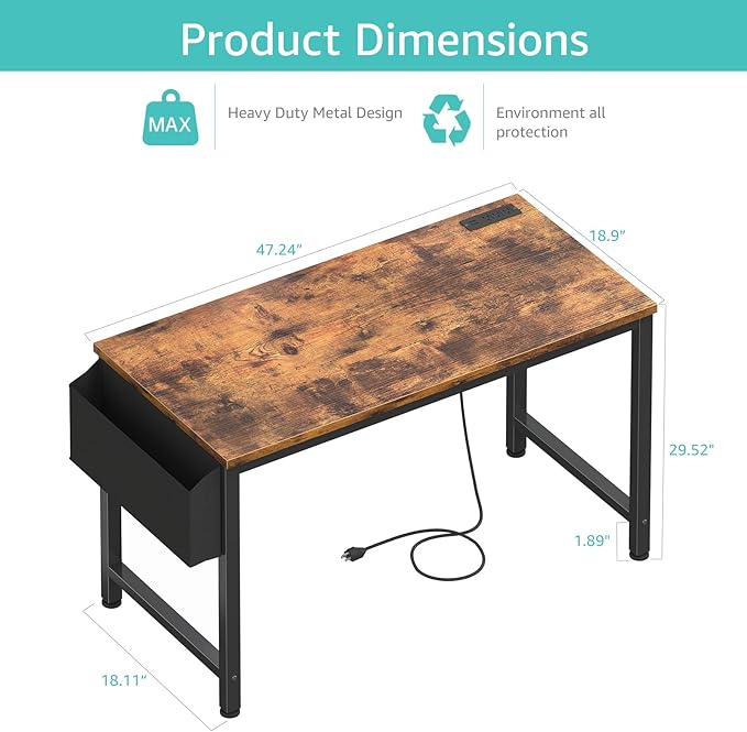 Lufeiya Computer Desk with Power Outlet, 47 inch Teen Study Table Home Office - Image 3