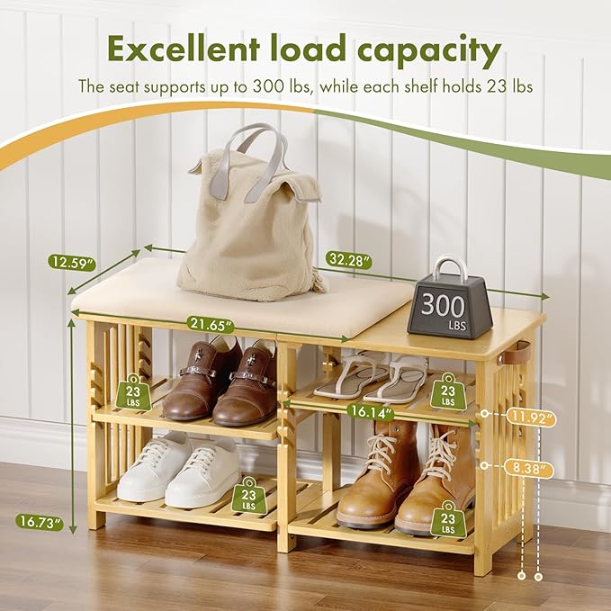 Amazer Bamboo Shoe Rack Bench, 3-Tier Shoe Bench Height Adjustable, Entry Bench - Image 2