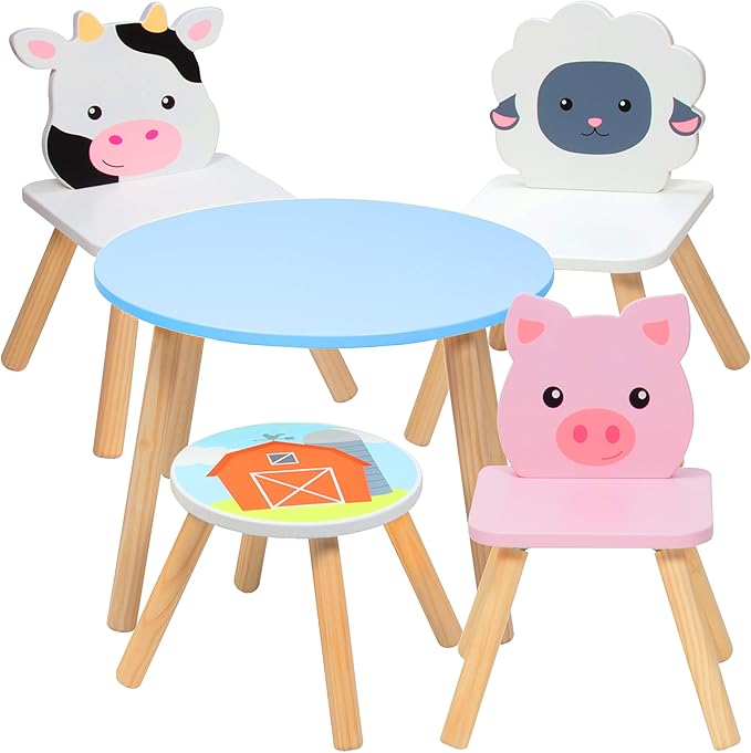 Kids Wooden Animal Table & Chair Set w 4 Seats- Cow Pig Sheep Plus Adult Stool by Svan