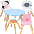 Kids Wooden Animal Table & Chair Set w 4 Seats- Cow Pig Sheep Plus Adult Stool by Svan