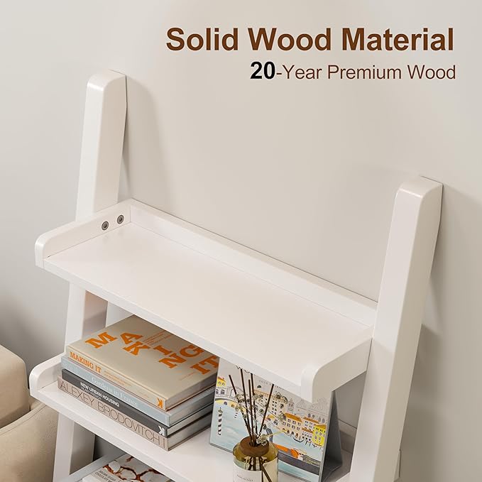 White Wooden Ladder Shelf with Edges, 5-Tier Modern Leaning Bookshelf Ladder – - Image 4