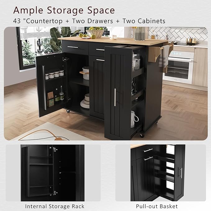 46" Kitchen Island with Drop Leaf, Dining Storage Cart W/ 3 Tier Pull Out - Image 4