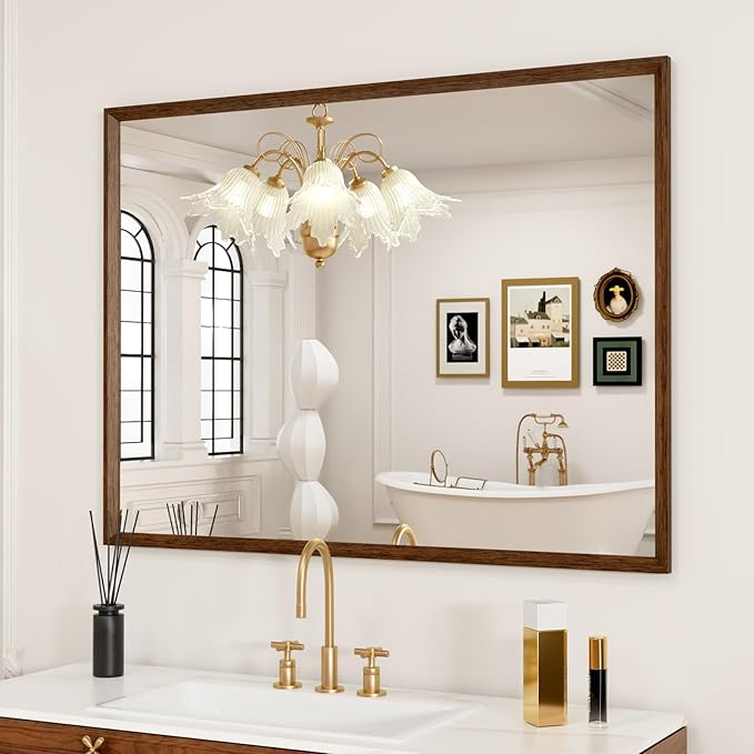 Rectangle Walnut Bathroom Mirror 40x30 Inch, Anti-Rust 4MM Tempered Glass - Image 2