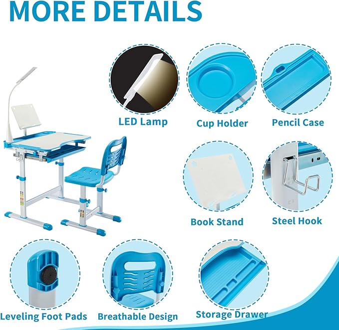 Diroan Kids Functional Desk and Chair Set, Ergonomic Height Adjustable Children - Image 4