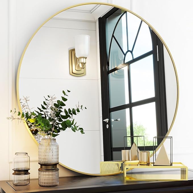 Gold Round Bathroom Mirror, 30 inch Circle Wall Mounted Hanging Mirror by VooBang