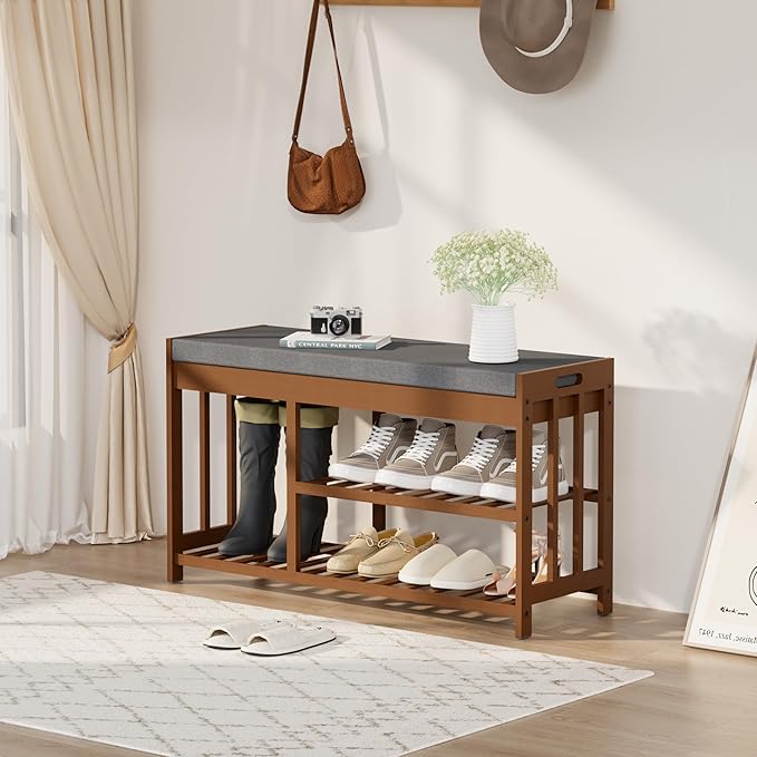 Shoe Rack Bench with Cushion, 2 Tiers Shoe Bench with Flip-Top Storage - Image 5