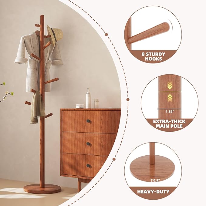 Uniclinens Coat Rack Freestanding Solid Wood Coat Tree Standing - Image 6
