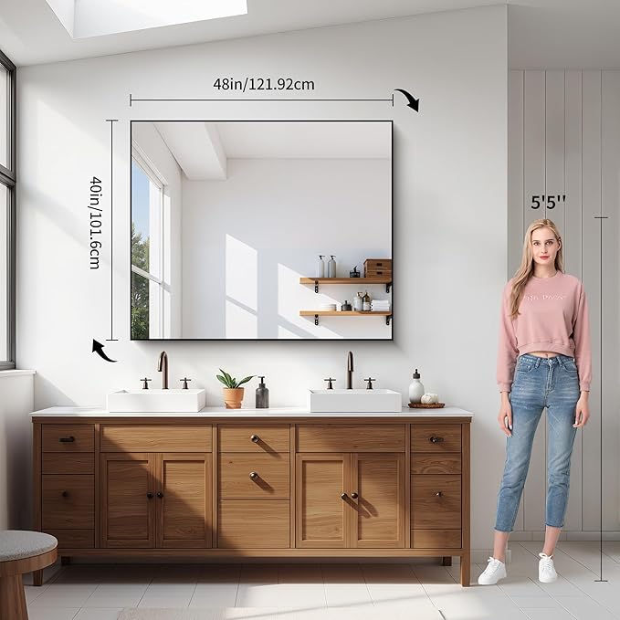 YIROMAN Bathroom Mirror 48"x40", Large Brushed Silver Bathroom Mirror - Image 2