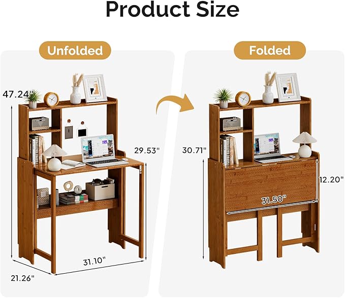 31.1" Bamboo Folding Desk with Bookshelf, Compact Computer Desk - Image 6