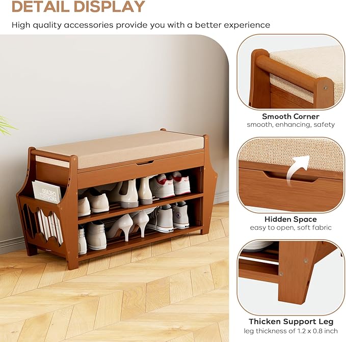 34.3in Shoe Bench, Bamboo 3-Tier Entryway Bench - Image 4