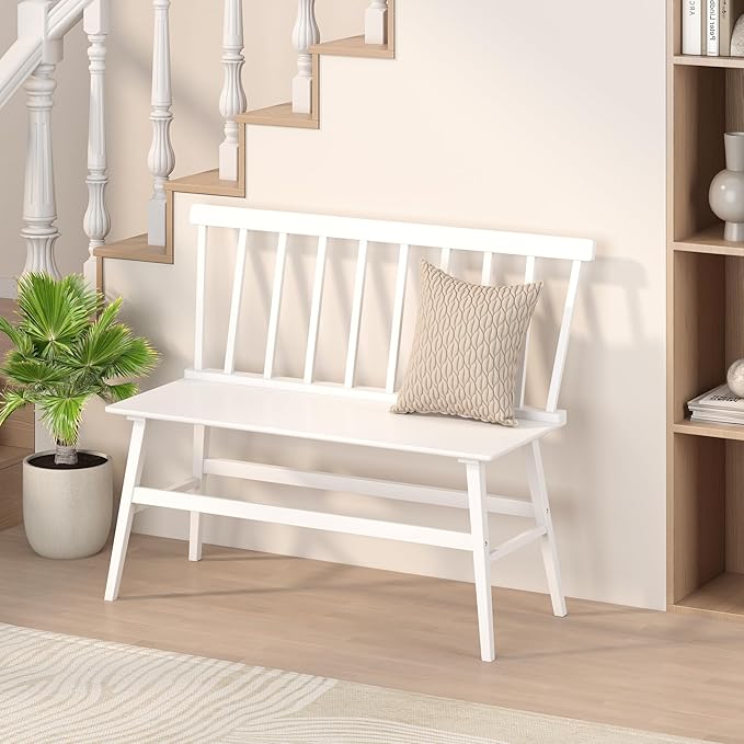 Bamboo Dining Bench, Wooden White Entryway Bench - Image 7