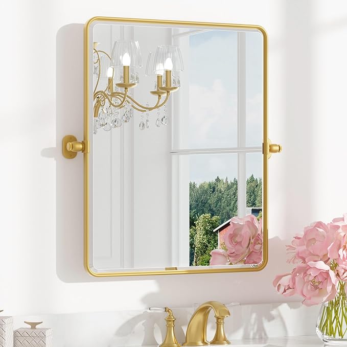 Keonjinn Pivot Mirror Bathroom, 24x30 Inch Gold Tilt Mirror Bathroom by Keonjinn