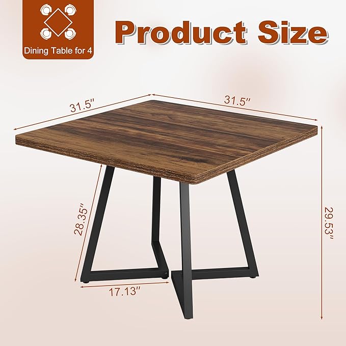 Square Dining Table for 4, 31.5-Inch Farmhouse Dinner Table Wooden Kitchen - Image 2