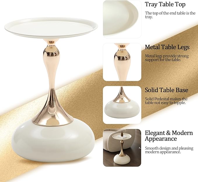 White Pedestal Side Table for Small Spaces, Metal Round Unique End Tables - Image 6