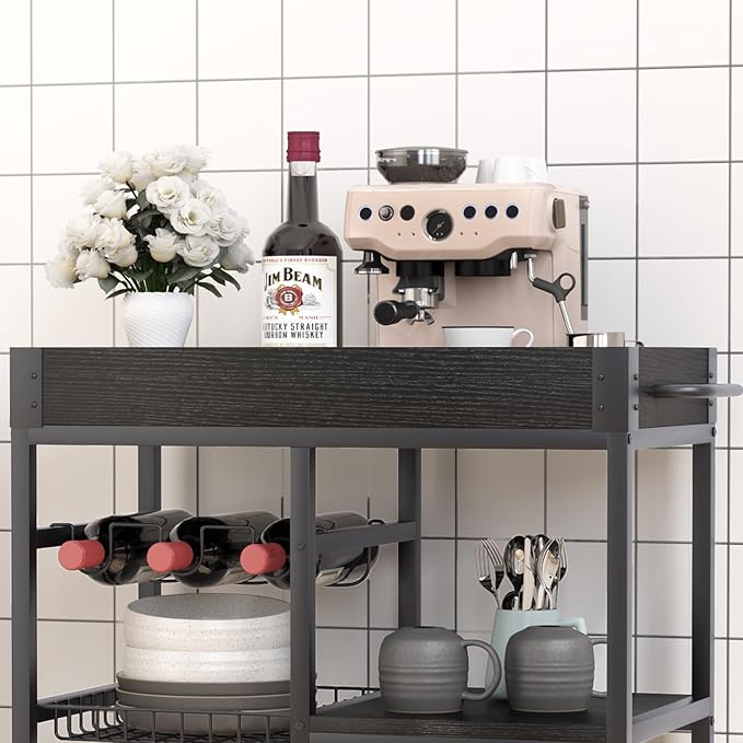 Bar Cart with Basket 3 Tiers Home Rolling Wine Rack with Wheels Mobile Kitchen - Image 7
