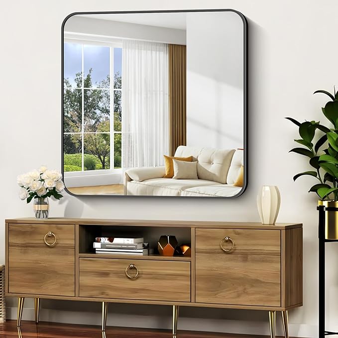 Bathroom Mirror, 42x42 inch Black Square Wall Mirror, Rounded Corner Aluminum - Image 4