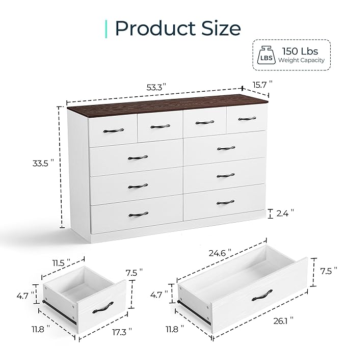 LINSY HOME 10 Drawer Dresser for Bedroom, Modern TV Stand Dressers - Image 2