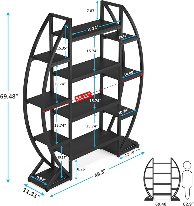 Tribesigns Oval Bookshelf, Triple Wide 5 Tiers Etagere Bookcases, Industrial - Image 2