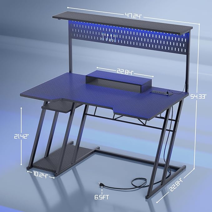 Gaming Computer Desk with Shelves and Outlets, Gaming Desk with Hutch and LED - Image 3