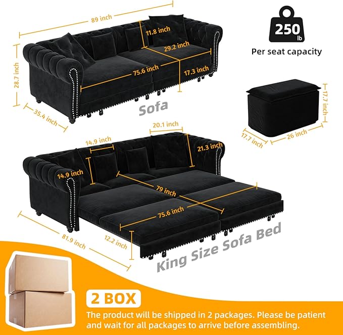 KEIKI 3-in-1 Velvet Chesterfield Sofa Bed - Image 2