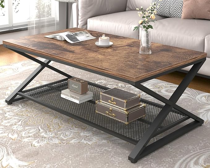 LVB Rustic Coffee Table with Storage, Industrial Wood Metal 2 Tier Center - Image 9