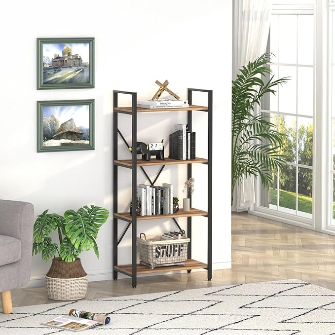 BON AUGURE Industrial 4 Tier Bookshelf, Modern Open Shelving Unit Book Shelves - Image 9