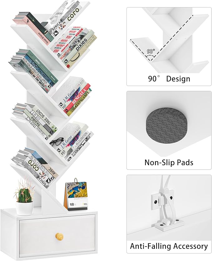 8 Tier Tree Bookshelf with Drawer, Free Standing Wood Bookcase - Image 7