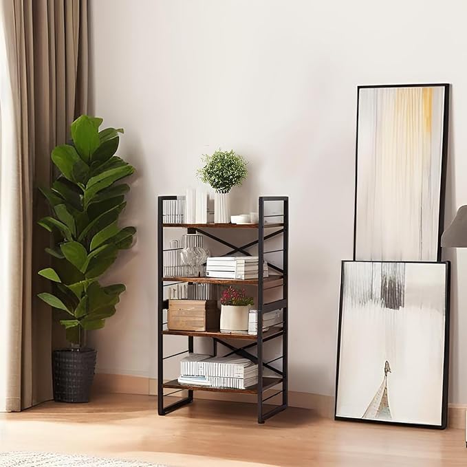4 Shelf Bookshelf, Metal＆Wood Short Book Shelf, Small Bookcase - Image 2