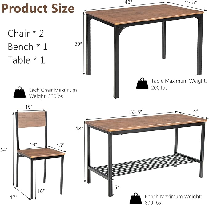 Tangkula Dining Table Set for 4, Kitchen Table and 2 Chairs for 4 - Image 6