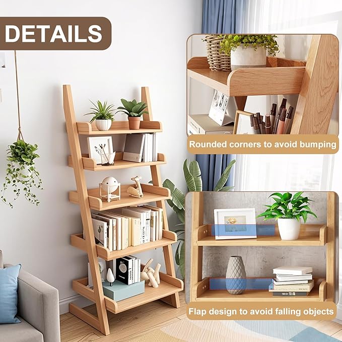 5-Tier Ladder Bookshelf, H 55" Leaning Bookshelf Storage Rack Organizer - Image 5