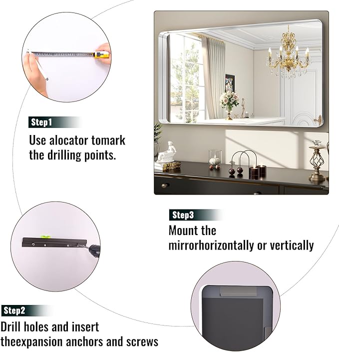 48 x 30 Inch Silver Bathroom Mirror, Rectangular Wall Mounted Shatterproof - Image 4