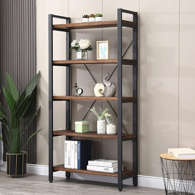 5 Tier Bookcase, Solid Wood Bookshelf Rustic Vintage Industrial Etagere Bookcase by WH-AOERPUMY
