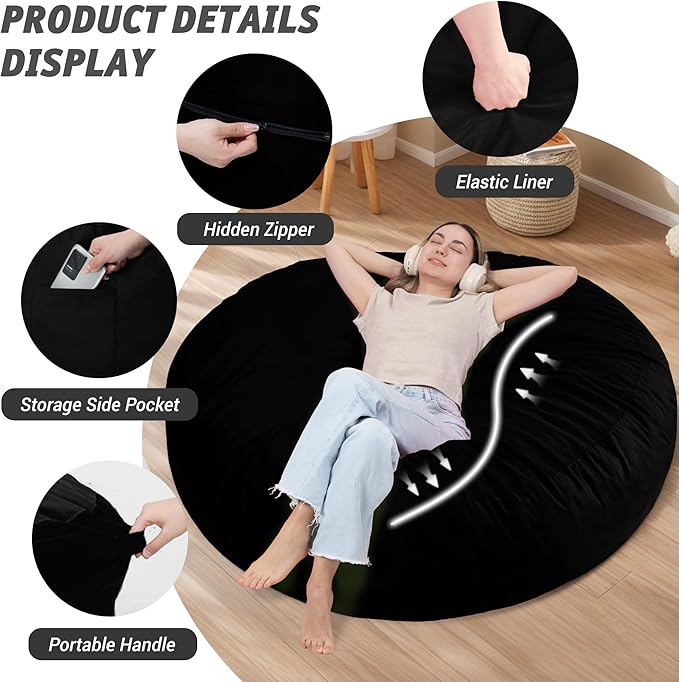 7FT Bean Bag Chair with Ultra Soft Velvet Cover Bean Bag Sofa with Memory Foam - Image 4