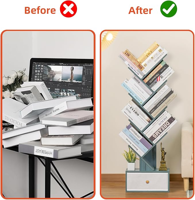 8 Tier Tree Bookshelf with Drawer, Free Standing Wood Bookcase - Image 9