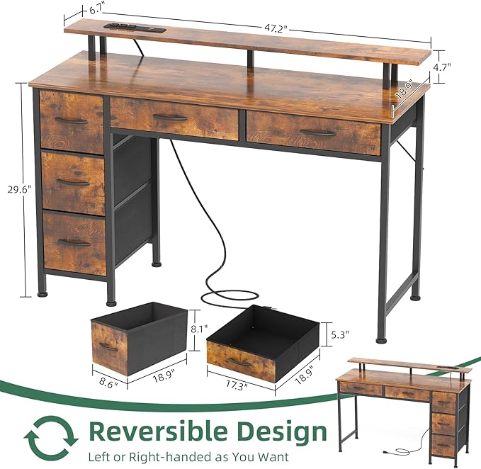 Computer Desk with 5 Drawers, Gaming Desk with LED Lights Power Outlets and - Image 3