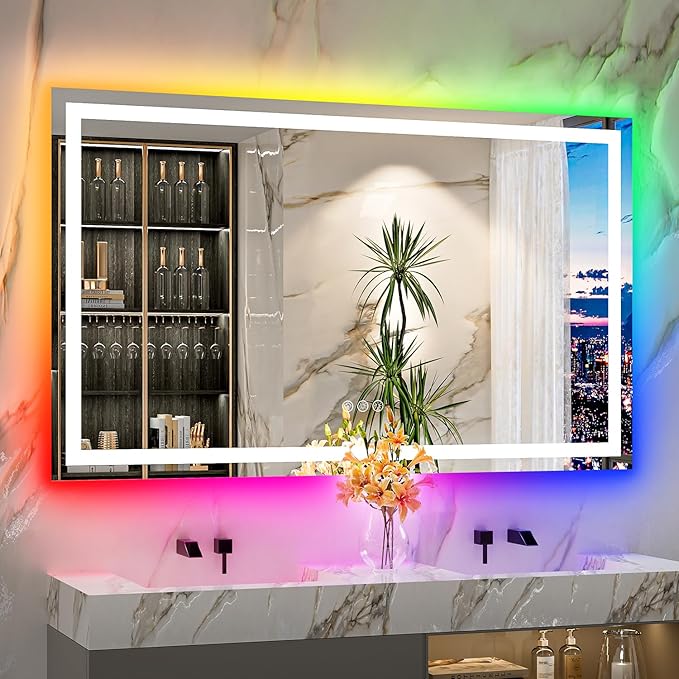 60x36 Inch RGB LED Bathroom Mirror Front Light and RGB Backlit Lighted Vanity by YEELAIT