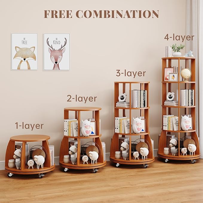 4 Tier Rotating Bookshelf with Brake Wheels, 360° Spinning Bookcase, Vertical - Image 3