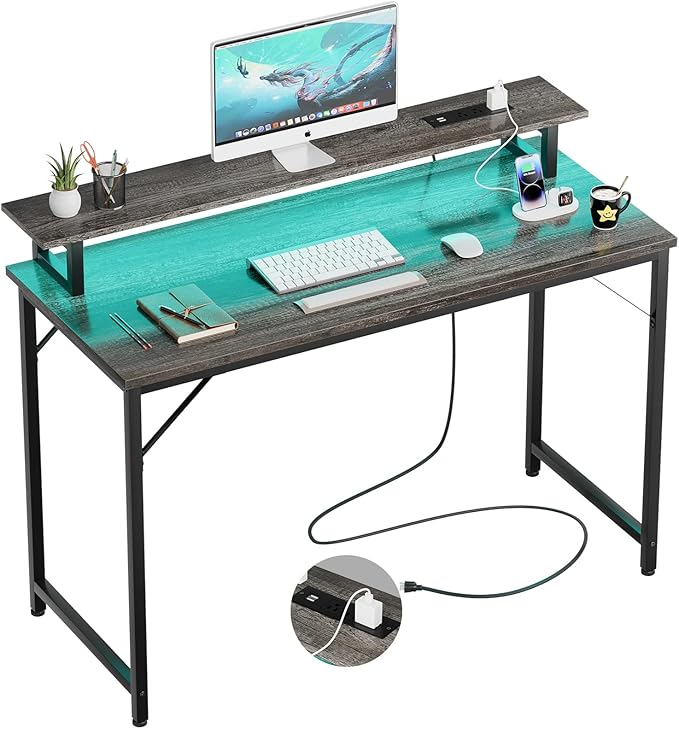 47 inch Computer Desk with Power Outlets, Gaming Desk with LED Lights, Home by iSunirm