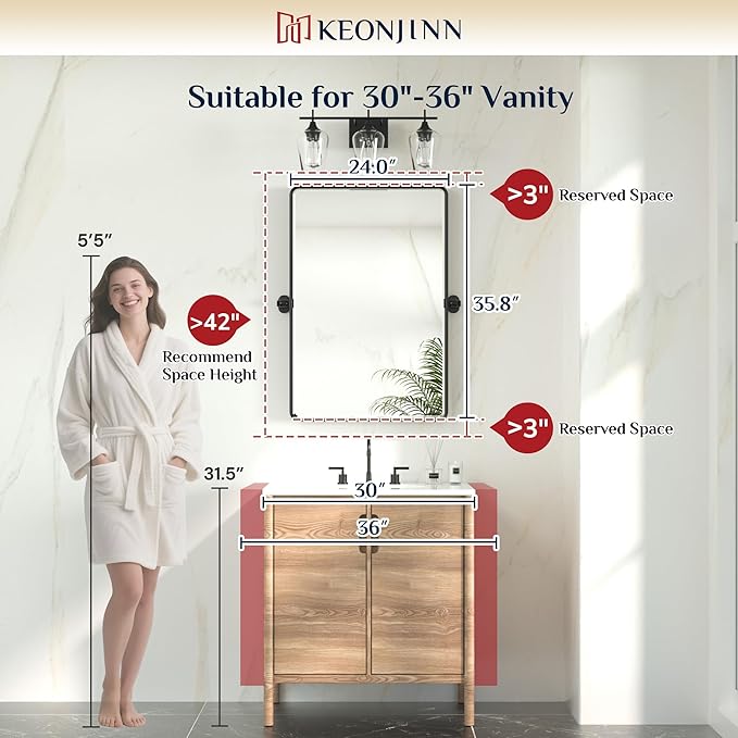Keonjinn 24 x 36 Inch Pivot Mirror Bathroom, Brushed Nickel Tilt Mirror Bathroom - Image 6