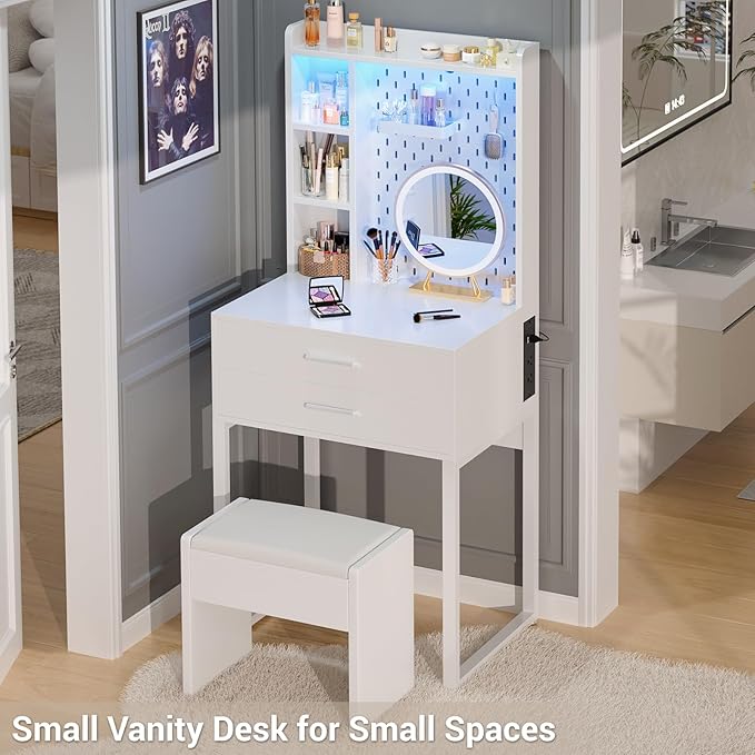 Small Vanity Desk with Hutch and Drawers, Vanity Table Dressing Table with LED - Image 6