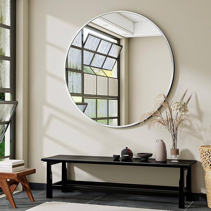 Silver Round Bathroom Mirror, 48 inch Large Circle Wall Mounted Hanging Mirror by VooBang