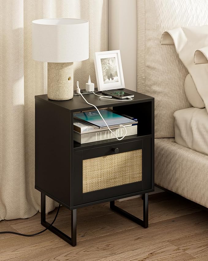 Masupu Rattan Nightstand with Charging Station, Modern Boho Farmhouse Wood by Masupu