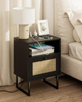 Masupu Rattan Nightstand with Charging Station, Modern Boho Farmhouse Wood by Masupu
