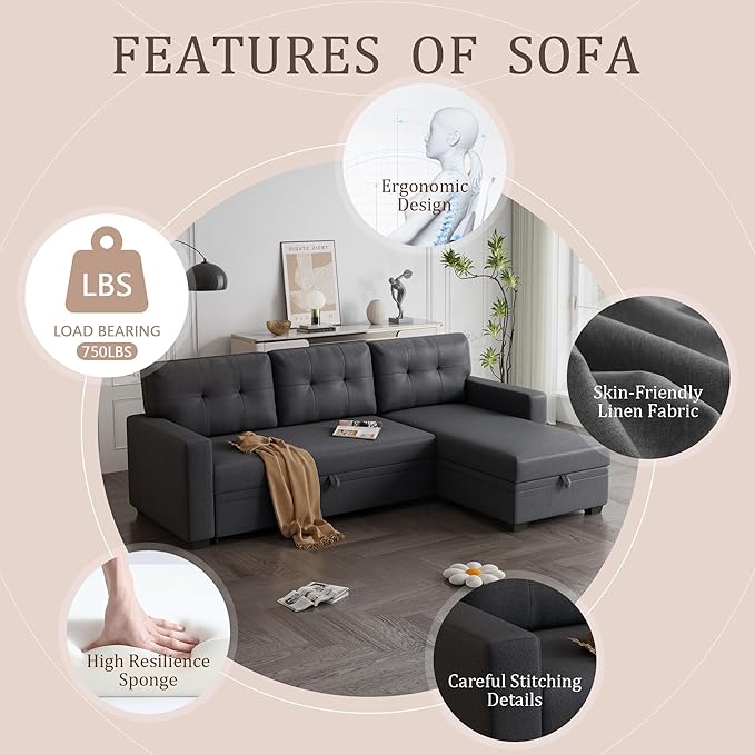 Ball & Cast Convertible Sectional Sleeper Sofa Bed L Shaped 4 in 1 Pull Out - Image 4