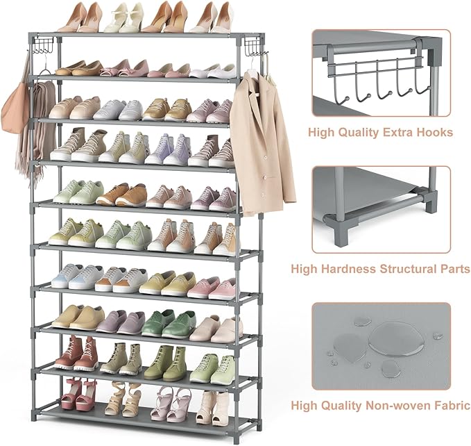 10 Tiers Shoe Rack 50 Pairs Large Capacity Tall Shoe Organizer Sturdy Shoe - Image 4