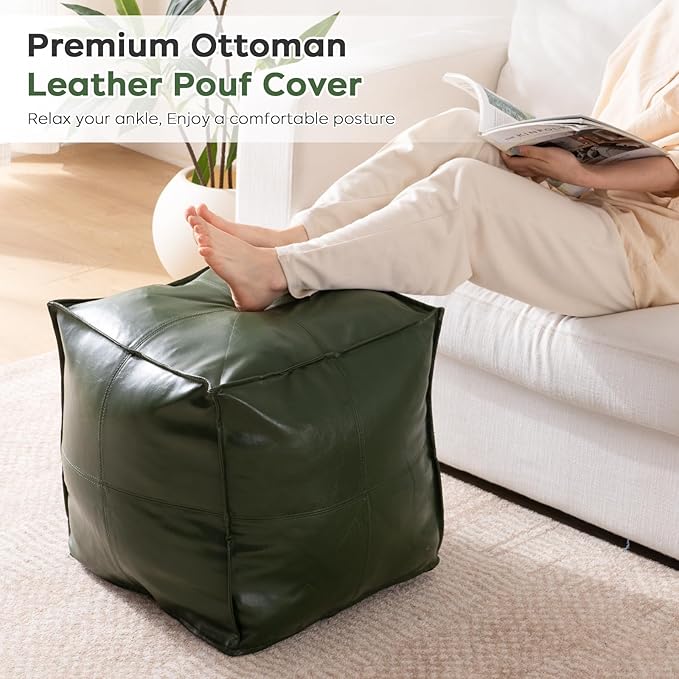 Unstuffed Pouf Cover, 17.7" Faux Leather Poofy Ottoman Cover, Square Footstool - Image 5